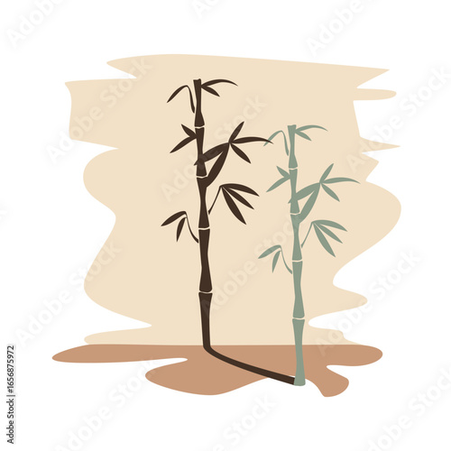 Stylized bamboo stalks with leaves in silhouette against a muted abstract background, evoking a serene and natural aesthetic with a touch of modern design.