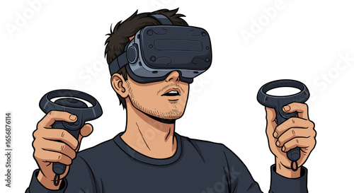 Man with vr headset and controllers experiencing virtual reality with open mouth and dark shirt on white plainness