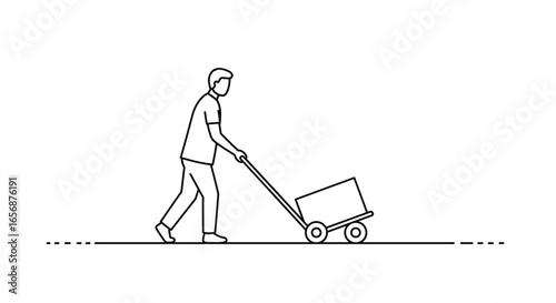 Illustration of a person pulling a box on a small cart along a line on a plain presentation surface