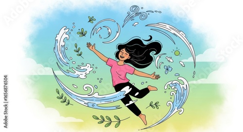 Joyful young person embracing nature and elemental forces