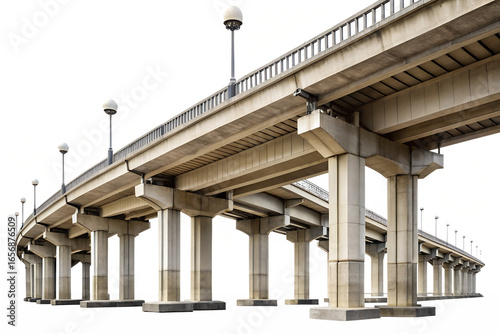 Low angle view of a long concrete overpass with street lights isolated on transparent background, showcasing urban infrastructure