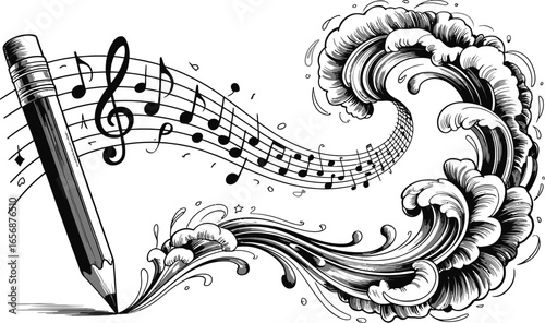 Pencil drawing musical notes and waves staff melody