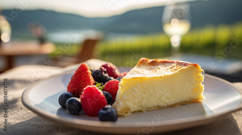 German Käsekuchen Cheesecake with Fresh Berries Background with Moselle Valley Vineyards