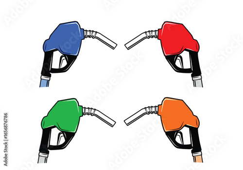Vector illustration of four colorful fuel pumps