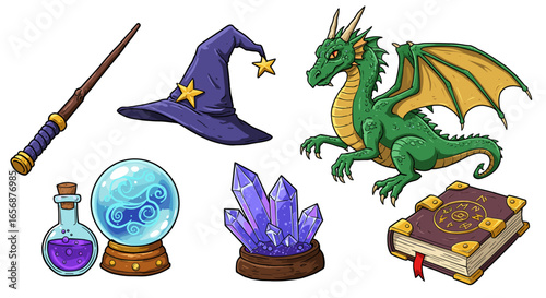Illustration of a dragon, wizard hat, wand, potion, crystal, orb, and spellbook on a plain surface