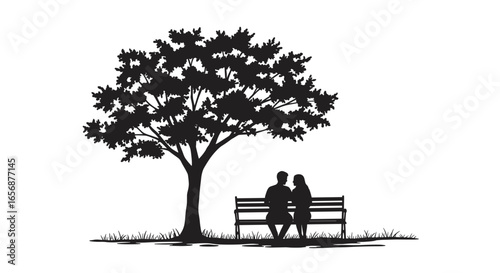 Silhouette of a couple sitting on a bench under a tree with dense foliage in a serene and romantic scene