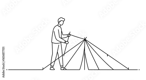 Person setting up a tent with poles and stakes in a line drawing style on a light colored surface