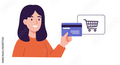Woman holding a credit card with a shopping cart icon representing online purchasing and retail experience