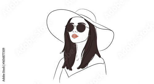 Illustration of a woman wearing a large sunhat and sunglasses with a minimalist aesthetic style design