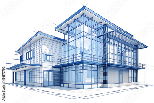 Architectural blueprint of a modern house design isolated on transparent background, showcasing the structure and construction details