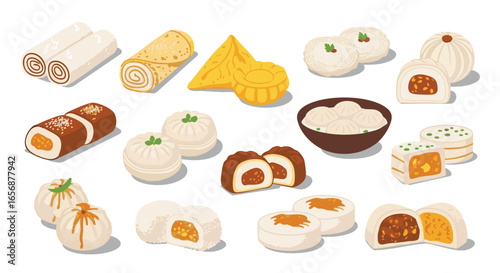 Collection of Traditional Asian Desserts Featuring Mooncakes Buns and Sweet Rolls Perfect for Food Bloggers and Culinary Enthusiasts