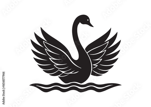 Swan on water with wings spread out black vector white background