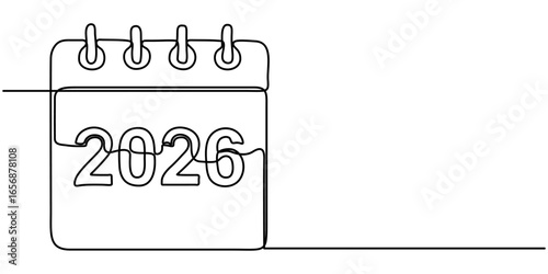  calendar continuous line drawing. One line art of calendar 2026, memorable date, countdown, holiday, weekday and weekend. Hand drawn one outline design vector. Editable stroke. 