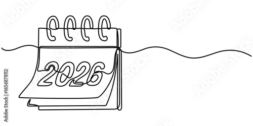  calendar continuous line drawing. One line art of calendar 2026, memorable date, countdown, holiday, weekday and weekend. Hand drawn one outline design vector. Editable stroke. 