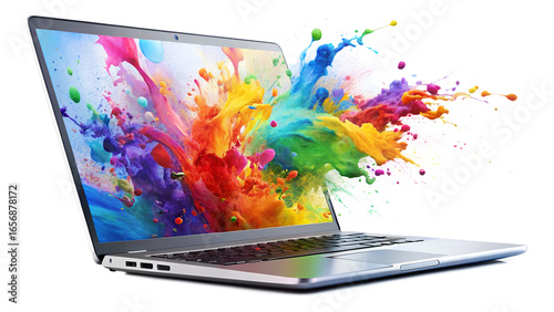 Modern laptop displaying a vibrant explosion of colorful paint, a creative and dynamic representation of digital art isolated on transparent background