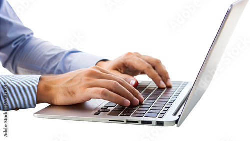 Closeup of hands typing on a laptop keyboard, isolated on transparent background, showcasing technology and business communication