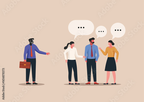 Businessman with loading head standing apart from group of colleagues talking together, concept of emotional disconnection, workplace loneliness, and social isolation. Flat vector illustration