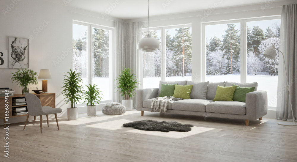 Naklejka premium A bright Scandinavian living room, light oak hardwood floors, a large comfortable gray sofa, minimalist decor, a sheepskin rug, plenty of green plants, large windows with a view of a snowy forest, air