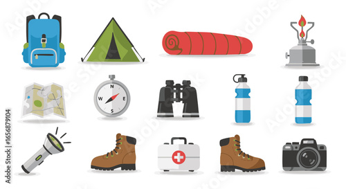 Essential Camping and Hiking Equipment Set Illustration for Adventure and Outdoor Activities Planning and Preparation Vector Graphic