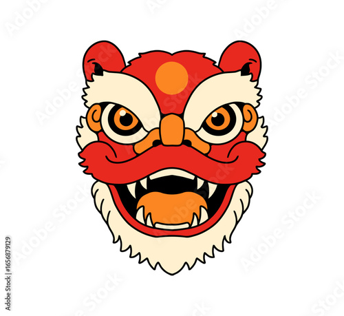 Traditional Chinese Lion Dance Head With Fierce Expression And Open Mouth Featuring Red And Orange Accents