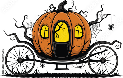 Halloween pumpkin carriage with spiders and cobwebs