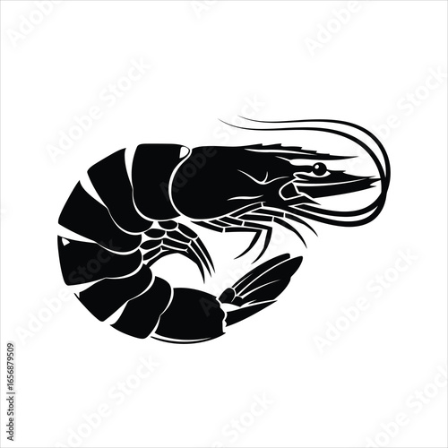 Black silhouette of a shrimp isolated on white background, showcasing its segmented body and antennae