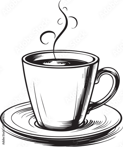 Warm Brew Silhouette: The minimalist charm of a freshly brewed cup of coffee, captured in an elegant black and white sketch, with tendrils of steam rising invitingly into the air.