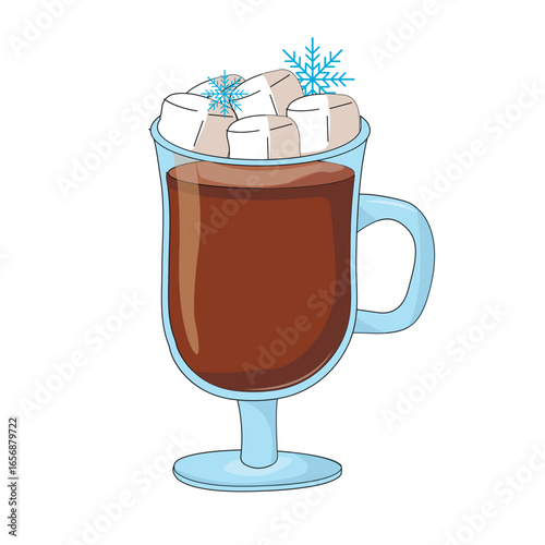 An illustration of a clear glass goblet with a handle filled with hot chocolate or coffee. The drink is topped with white marshmallows and blue snowflakes, creating a winter mood. The style of the dra