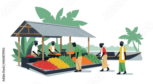 Vibrant local market scene in a tropical environment featuring vendors and customers with fresh produce and a river boat nearby a depiction of community life