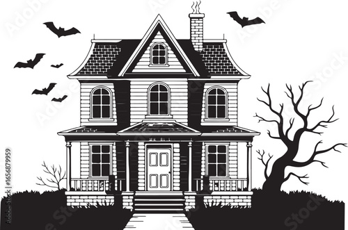 Spooky Victorian Haunted House with Bats and Bare Tree Silhouette halloween