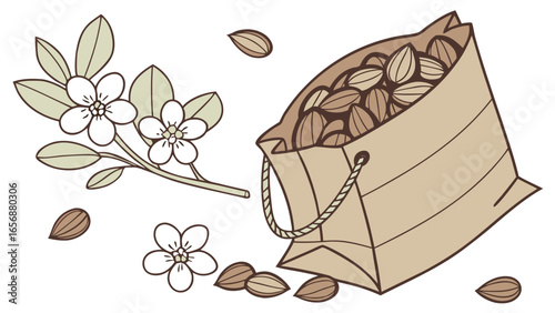 Brown paper bag with nuts and delicate floral accents