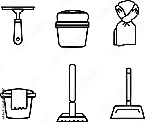 A collection of cleaning supplies icons including a squeegee, buckets and a dustpan on white