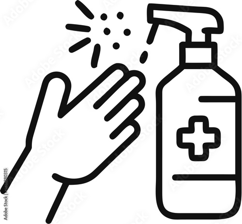 Single line icon of a hand holding an antiseptic spray bottle