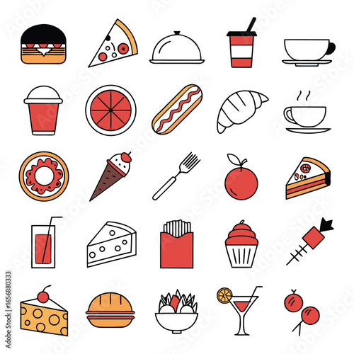 A clean, flat vector icon set in minimal modern style, food and drink theme, 20 unique icons arranged in a grid, 