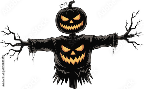 Halloween scarecrow with glowing jack-o-lantern face