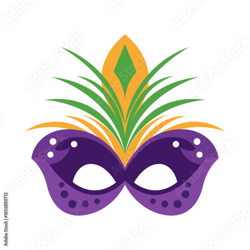 Festive purple masquerade mask with elaborate green and gold plumage design symbolizing celebration and mystery