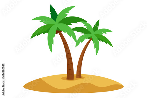 Two lush green palm trees sway gently on a sun-drenched tropical island sand dune, evoking feelings of vacation, relaxation, and exotic escape.