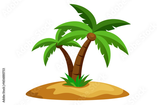 Vibrant tropical island scene featuring two lush palm trees swaying gently on a sandy shore, evoking feelings of relaxation and exotic getaways