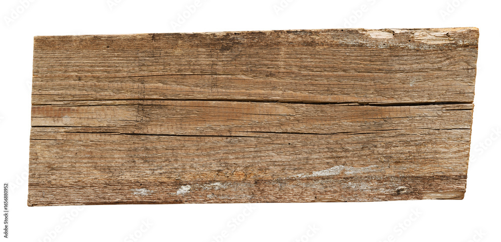 Obraz premium Weathered wooden board. Old wooden background for signboard. Isolated wooden board on white background.