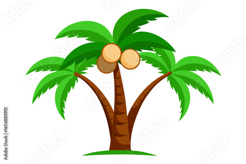 Vibrant cartoon palm tree laden with ripe coconuts, perfect for tropical summer themes, vacation promotions, and resort branding