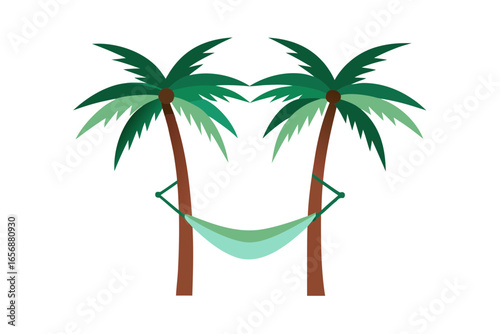 Serene tropical getaway featuring two palm trees supporting a tranquil hammock for ultimate relaxation and vacation vibes, perfect for travel and leisure.