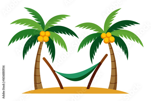 Escape to paradise with a relaxing hammock strung between two vibrant palm trees on a sunny tropical beach, inviting ultimate vacation bliss and serene getaway dreams