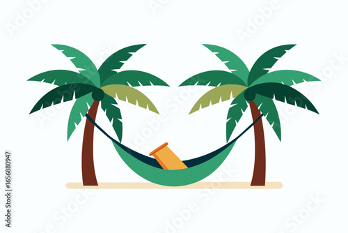 Escape to paradise with a relaxing hammock swaying gently between two lush palm trees on a sun-drenched beach, embodying ultimate vacation bliss and tranquility for your tropical dreams.