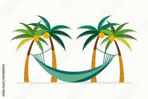 Relaxing tropical scene with two palm trees holding a hammock perfect for vacation vibes and serene beach getaways, evoking pure summer bliss and tranquil escape.