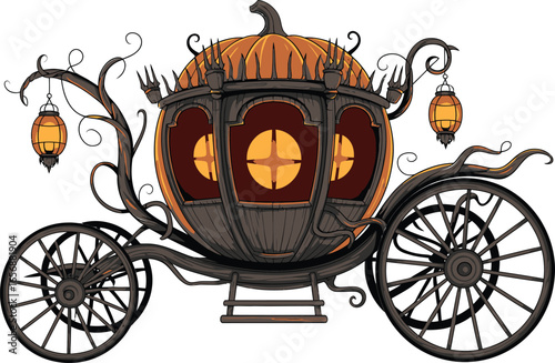 Spooky pumpkin carriage with lanterns halloween