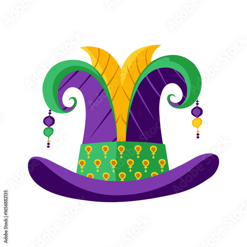 Festive Mardi Gras jester hat with purple green and gold colors adorned with beads and fleur de lis symbols for celebration