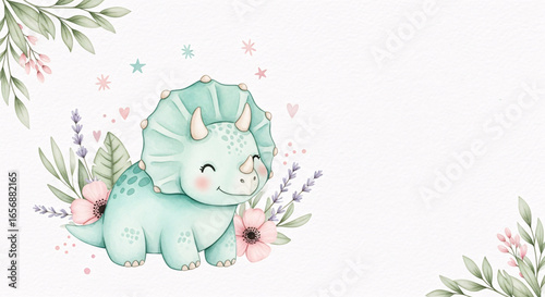 Cute Baby Triceratops Dinosaur with Flowers and Leaves Watercolor Illustration for Kids
