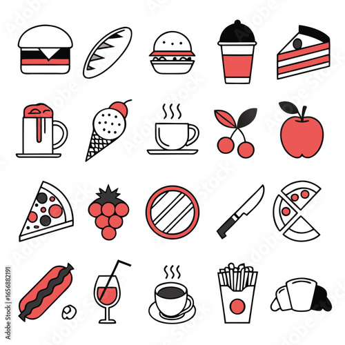A clean, flat vector icon set in minimal modern style, food and drink theme, 20 unique icons arranged in a grid, 