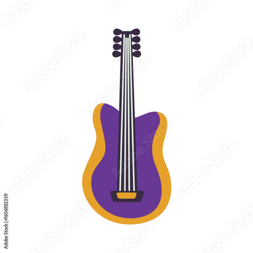 Modern electric guitar illustration with purple body and yellow accents, featuring six strings and tuning pegs