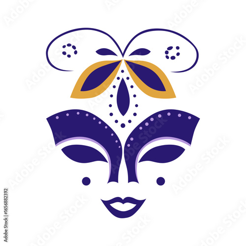 Artistic stylized mask with abstract floral crown and bold purple blue and gold colors